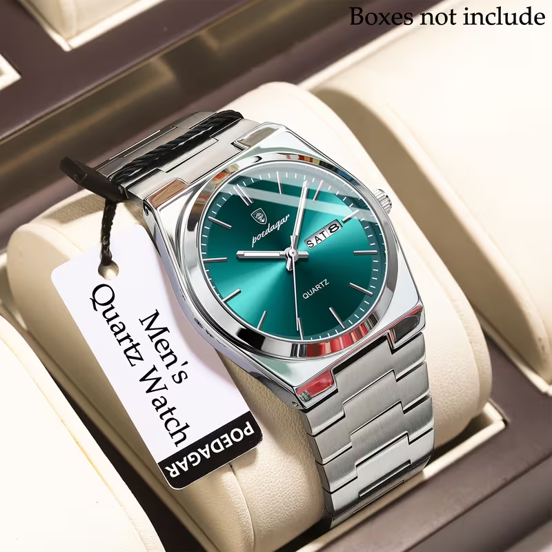 POEDAGAR Luminous Steel Quartz Chrono Watch