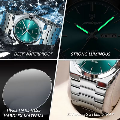 POEDAGAR Luminous Steel Quartz Chrono Watch